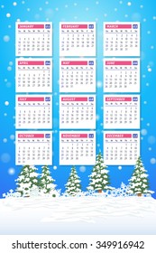 2016 Full Calendar Template and Winter Landscape Background, Promotion Poster Vector Design - Week Starts Sunday