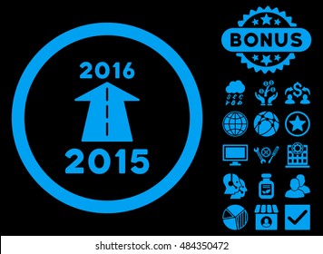 2016 Future Road icon with bonus pictures. Vector illustration style is flat iconic symbols, blue color, black background.