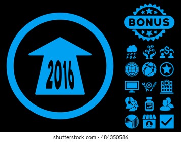 2016 Future Road icon with bonus pictogram. Vector illustration style is flat iconic symbols, blue color, black background.
