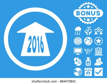 2016 Future Road icon with bonus design elements. Vector illustration style is flat iconic symbols, white color, blue background.