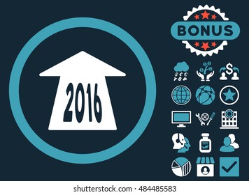2016 Future Road icon with bonus elements. Vector illustration style is flat iconic bicolor symbols, blue and white colors, dark blue background.