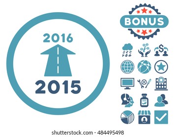 2016 Future Road icon with bonus symbols. Vector illustration style is flat iconic bicolor symbols, cyan and blue colors, white background.