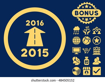 2016 Future Road icon with bonus pictogram. Vector illustration style is flat iconic symbols, yellow color, blue background.