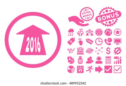 2016 Future Road icon with bonus pictogram. Vector illustration style is flat iconic symbols, pink color, white background.