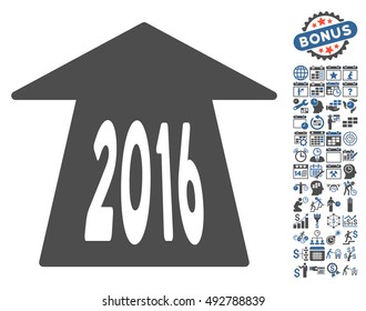 2016 Future Road icon with bonus calendar and time management images. Vector illustration style is flat iconic bicolor symbols, cobalt and gray colors, white background.