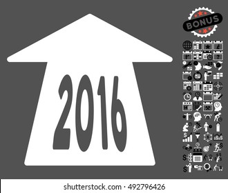 2016 Future Road icon with bonus calendar and time management symbols. Vector illustration style is flat iconic bicolor symbols, black and white colors, gray background.