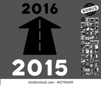2016 Future Road icon with bonus calendar and time management pictures. Vector illustration style is flat iconic bicolor symbols, black and white colors, gray background.