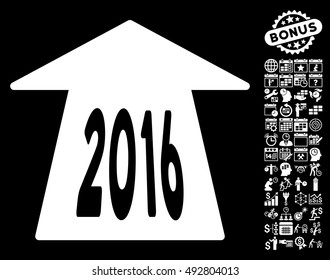 2016 Future Road icon with bonus calendar and time management graphic icons. Vector illustration style is flat iconic symbols, white color, black background.