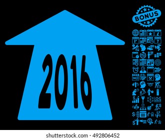 2016 Future Road icon with bonus calendar and time management icon set. Vector illustration style is flat iconic symbols, blue color, black background.