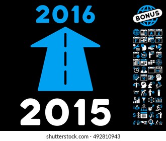 2016 Future Road icon with bonus calendar and time management pictogram. Vector illustration style is flat iconic bicolor symbols, blue and white colors, black background.