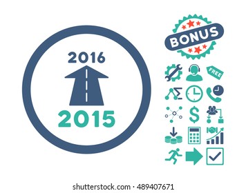 2016 Future Road pictograph with bonus images. Vector illustration style is flat iconic bicolor symbols, cobalt and cyan colors, white background.
