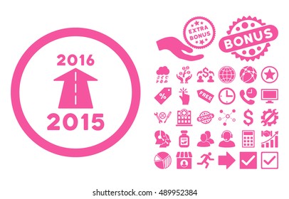 2016 Future Road pictograph with bonus pictograph collection. Vector illustration style is flat iconic symbols, pink color, white background.