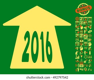 2016 Future Road pictograph with bonus calendar and time management images. Vector illustration style is flat iconic bicolor symbols, orange and yellow colors, green background.