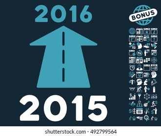 2016 Future Road pictograph with bonus calendar and time management graphic icons. Vector illustration style is flat iconic bicolor symbols, blue and white colors, dark blue background.
