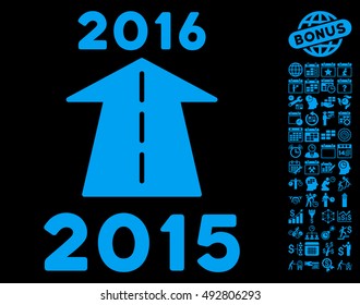 2016 Future Road pictograph with bonus calendar and time management images. Vector illustration style is flat iconic symbols, blue color, black background.