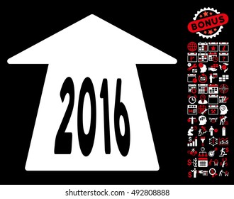 2016 Future Road pictograph with bonus calendar and time management pictogram. Vector illustration style is flat iconic bicolor symbols, red and white colors, black background.