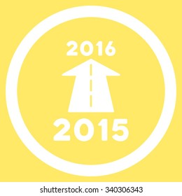 2016 Future Road vector icon. Style is flat circled symbol, white color, rounded angles, yellow background.