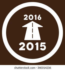 2016 Future Road vector icon. Style is flat circled symbol, white color, rounded angles, brown background.