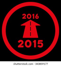 2016 Future Road vector icon. Style is flat circled symbol, red color, rounded angles, black background.