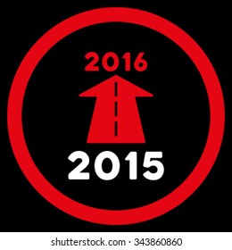 2016 Future Road vector icon. Style is bicolor flat circled symbol, red and white colors, rounded angles, black background.