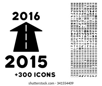 2016 Future Road vector pictogram with additional 300 date and time management icons. Style is flat symbols, black color, rounded angles, white background.