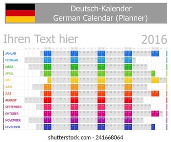 2016 German Planner Calendar with Horizontal Months on white background 