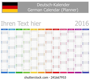 2016 German Planner Calendar with Vertical Months on white background 