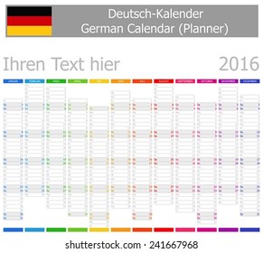 2016 German Planner-2 Calendar with Vertical Months on white background 