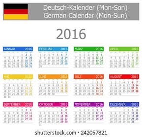 2016 German Type-1 Calendar Mon-Sun on white background 