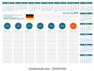 2016 German Week Planner Calendar Vector Design Template 2. Week Starts Sunday.For office or private use.