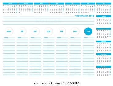 2016 German Week Planner Vector Template Blue Color. Week Starts Sunday.For office or private use.