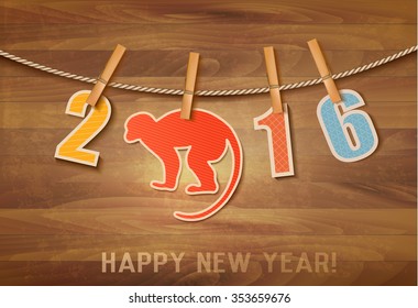 2016 with a goat on wooden background. Vector.