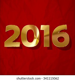 2016 gold digits 2016 gold digits on a crumpled paper red background.