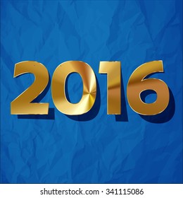 2016 gold digits 2016 on a crumpled paper blue background.