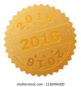 2016 gold stamp seal. Vector golden medal of 2016 text. Text labels are placed between parallel lines and on circle. Golden surface has metallic texture.