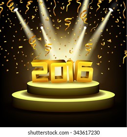 2016 Gold text illuminated gold spotlight with sprinkles and confetti on stage