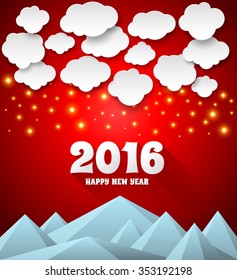 2016 greeting card cloud and mountain on red background. Vector illustration. Can use for postcard 2016