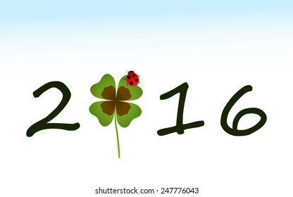 2016 greeting card with shamrock leaf and ladybird