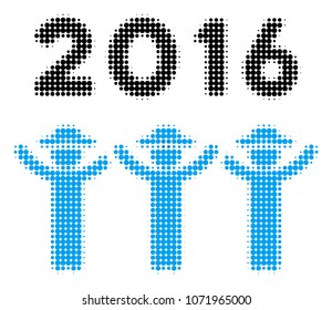 2016 Guys Dance halftone vector icon. Illustration style is dotted iconic 2016 Guys Dance icon symbol on a white background. Halftone pattern is round spots.