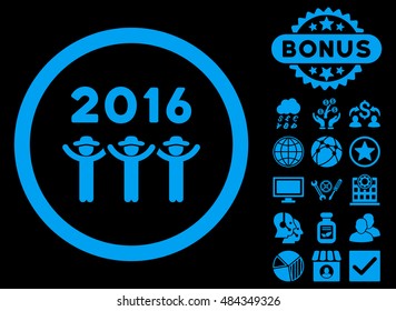 2016 Guys Dance icon with bonus pictogram. Vector illustration style is flat iconic symbols, blue color, black background.