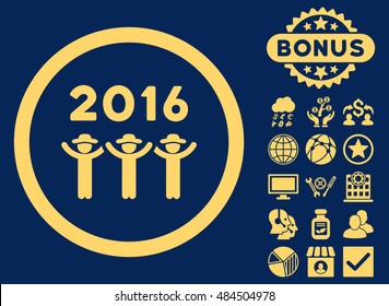 2016 Guys Dance icon with bonus pictogram. Vector illustration style is flat iconic symbols, yellow color, blue background.