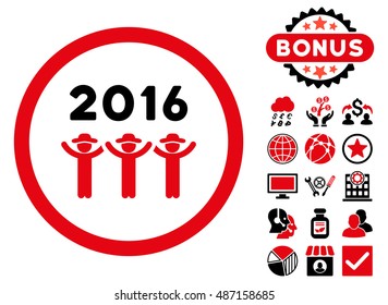 2016 Guys Dance icon with bonus pictogram. Vector illustration style is flat iconic bicolor symbols, intensive red and black colors, white background.