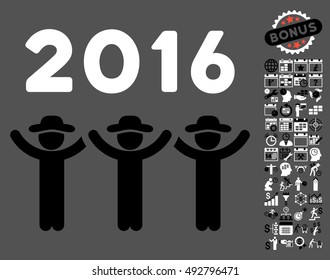 2016 Guys Dance icon with bonus calendar and time management pictogram. Vector illustration style is flat iconic bicolor symbols, black and white colors, gray background.
