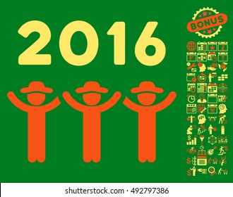 2016 Guys Dance pictograph with bonus calendar and time management icon set. Vector illustration style is flat iconic bicolor symbols, orange and yellow colors, green background.