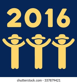 2016 Guys Dance vector icon. Style is flat symbol, yellow color, rounded angles, blue background.