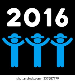 2016 Guys Dance vector icon. Style is bicolor flat symbol, blue and white colors, rounded angles, black background.