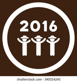 2016 Guys Dance vector icon. Style is flat circled symbol, white color, rounded angles, brown background.
