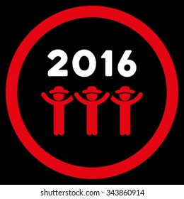 2016 Guys Dance vector icon. Style is bicolor flat circled symbol, red and white colors, rounded angles, black background.