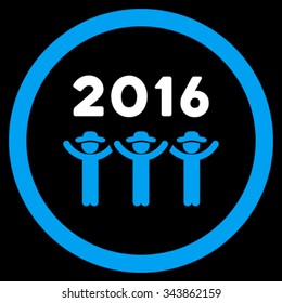 2016 Guys Dance vector icon. Style is bicolor flat circled symbol, blue and white colors, rounded angles, black background.