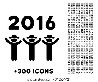 2016 Guys Dance vector pictogram with additional 300 date and time management icons. Style is flat symbols, black color, rounded angles, white background.